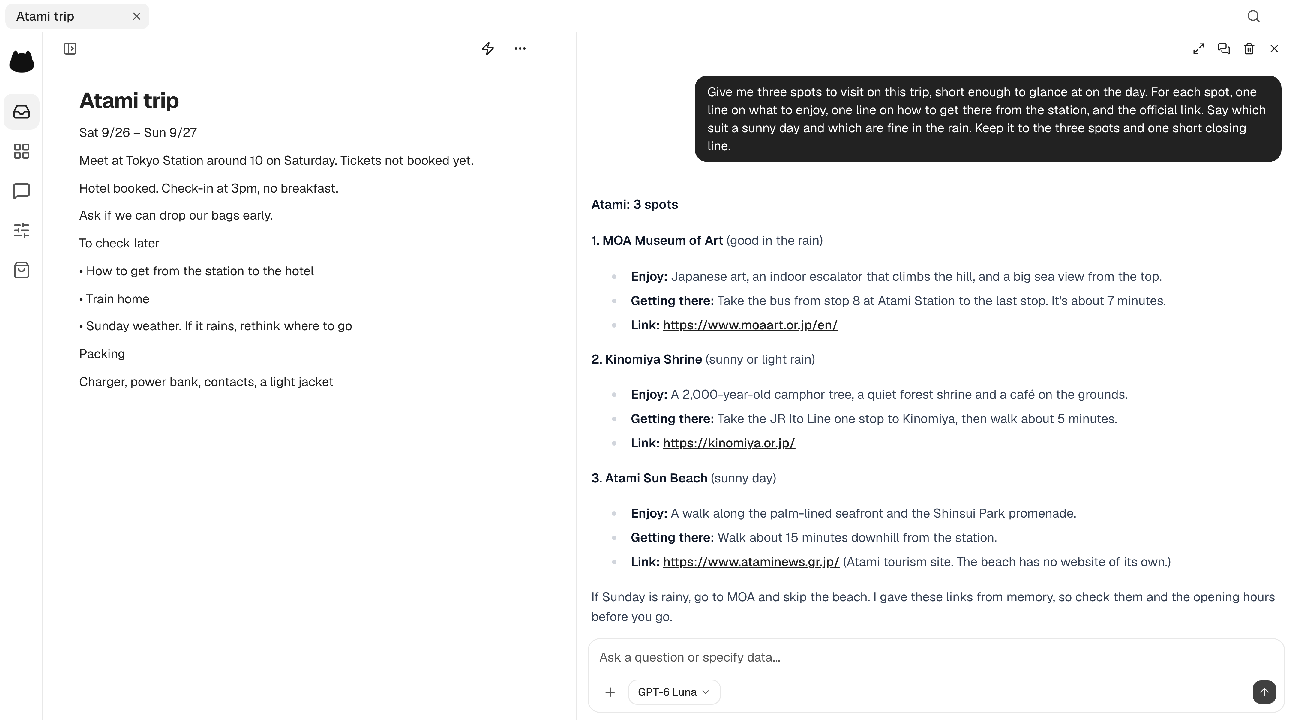 A travel memo with reservations and packing, beside Nora’s recommendations for sunny and rainy days with directions and official links.